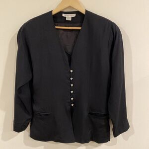 Vintage Carolyn Barton 100% Silk Black Evening Jacket Gem & Pearl Buttons Sz 12